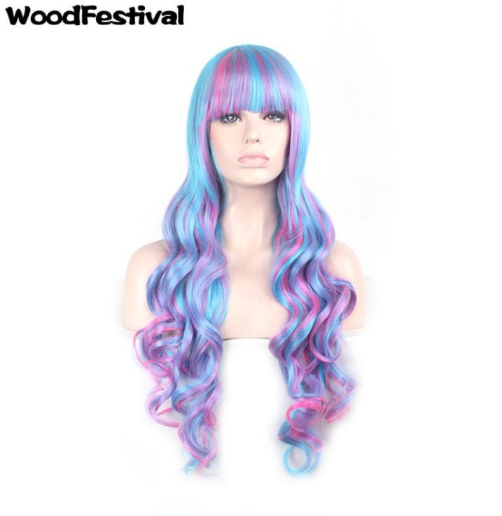 

WoodFestival long curly wig ombre synthetic fiber hair wigs blue pink mix color lolita wig cosplay women bangs 80cm7009951