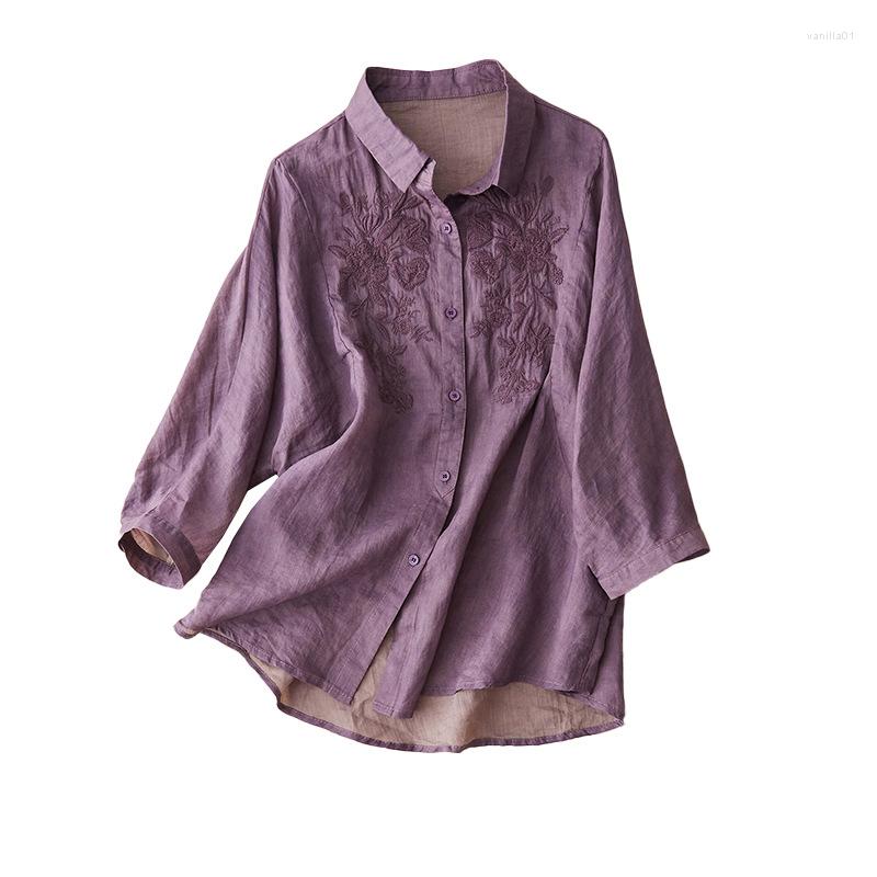 

Women's Blouses Lapel Embroidery Ramie Long-sleeved Jacket Female Literary Shirt Pure Color Restoring Ancient Ways Joker, Green