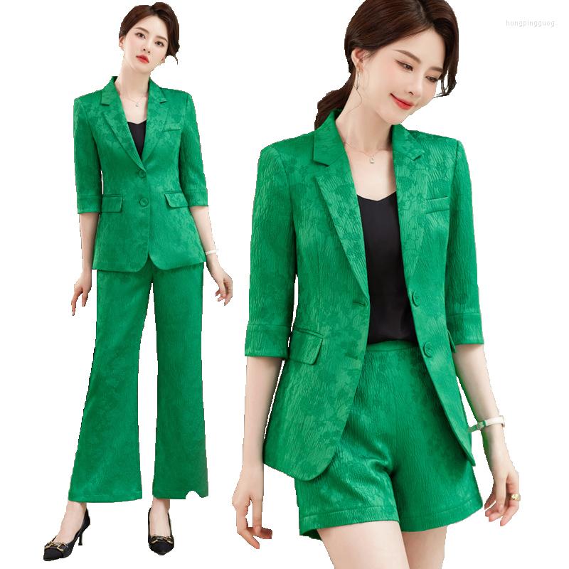 

Women's Two Piece Pants Fashion Suits Green High End Spring Temperament Business Half Sleeve Slim Blazer And Wide Leg Office Ladies Work, Khaki short suits
