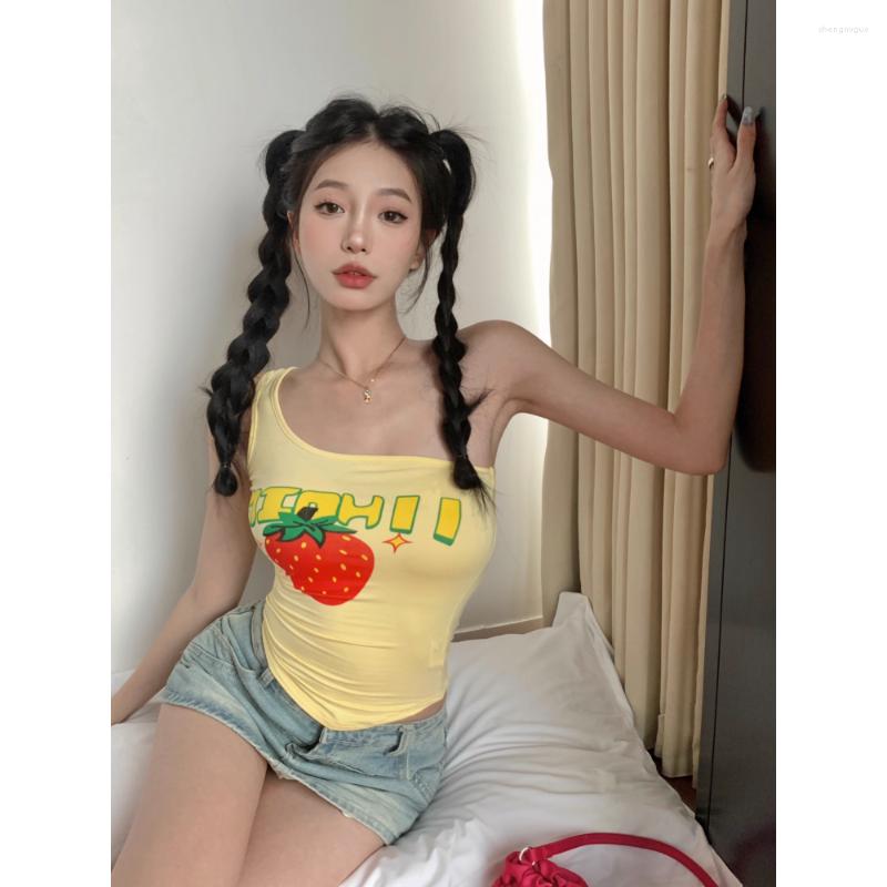 

Women's Tanks Strawberry Print Hollow One Shoulder Tank Vest Crop Top Women Y2k Cropped Summer 2023 Cute Kawaii Aesthetic Korean Fashion, Light yellow
