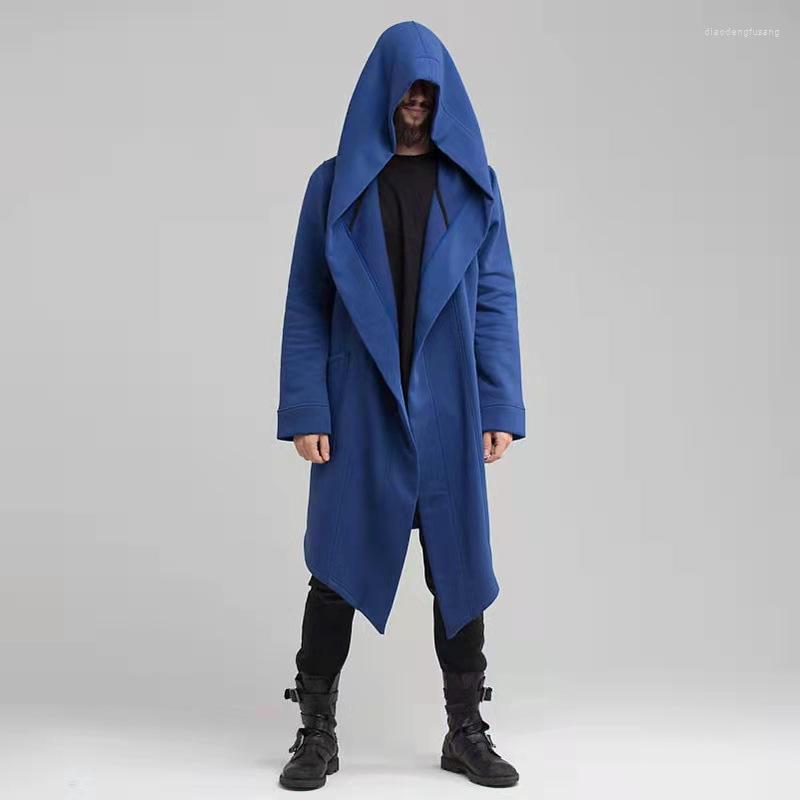 

Men's Hoodies Spring Autumn Mid-length Mens Hooded Solid Punk Long Sleeve Coat Outdoor Cardigan Cloak Fashion Men Loose Clothes, Black