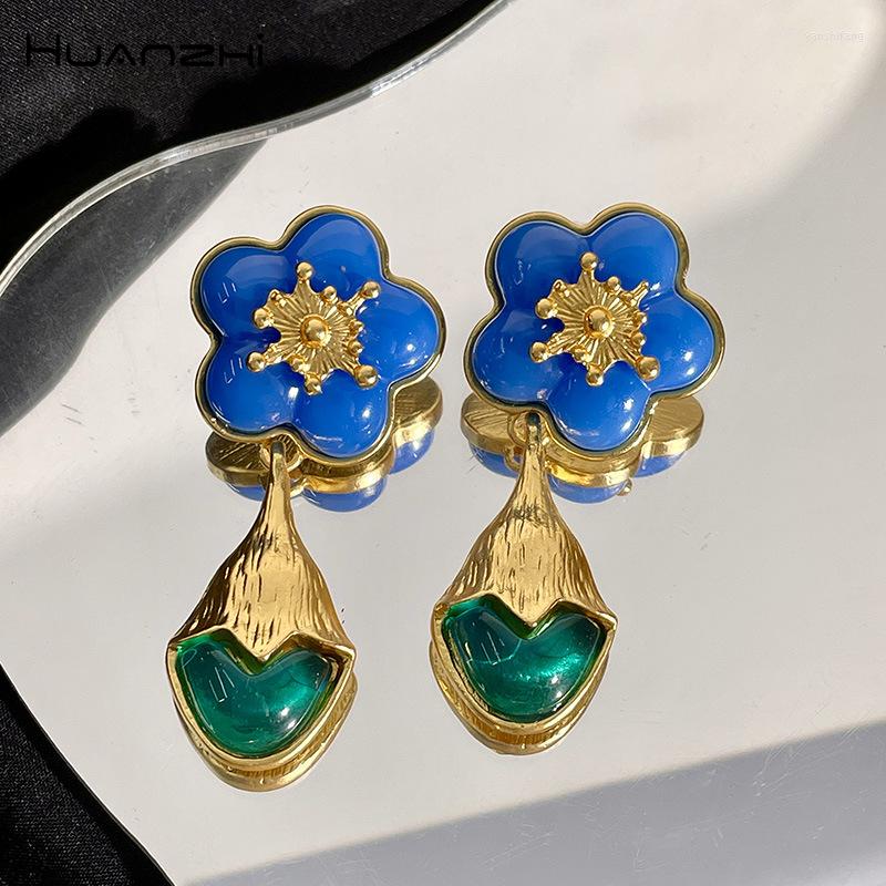 

Dangle Earrings HUANZHI Vintage Blue Series Oval Rhinestone Flower Water Drop Earring For Women Party French Pendant Jewelry 2023