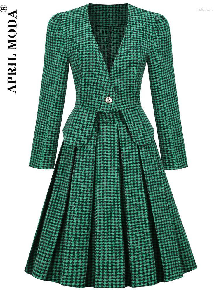 

Casual Dresses British Style Runway 2pcs Winter Jacket Dress Hepburn Women Houndstooth Sundress OL Notched Collar Blazer Party Office, Skirt