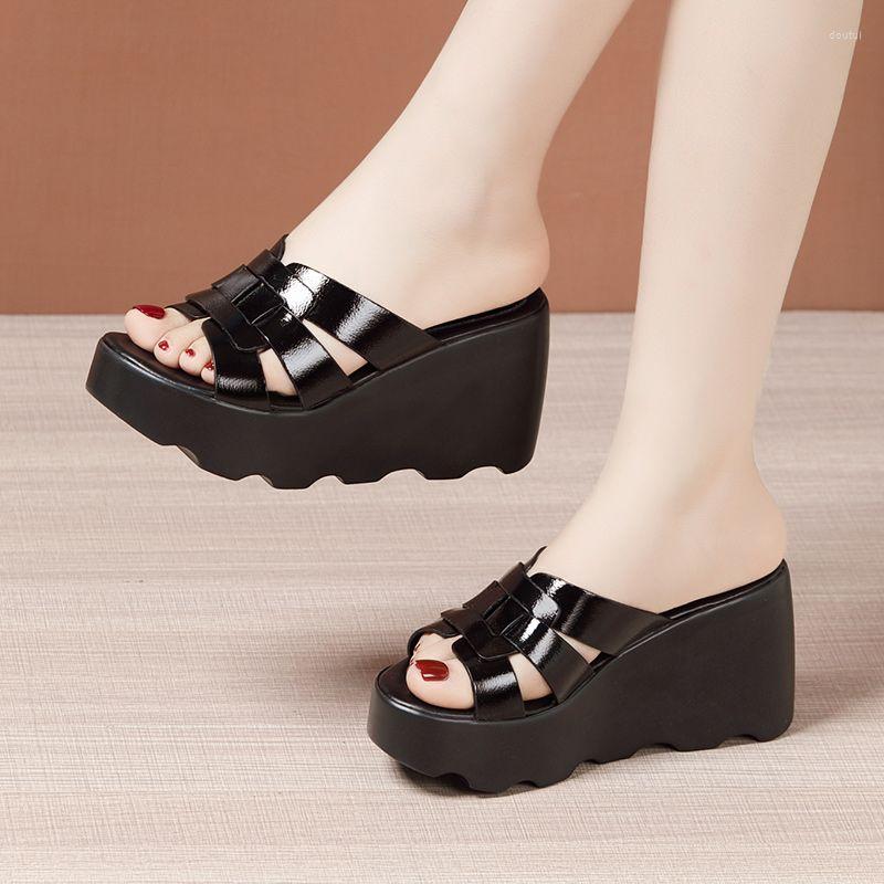 

Slippers Small Size 32-43 Quality Genuine Leather Shoes Summer Platform Wedges Women 2023 High Heels Slides For Office Beach Mom, White