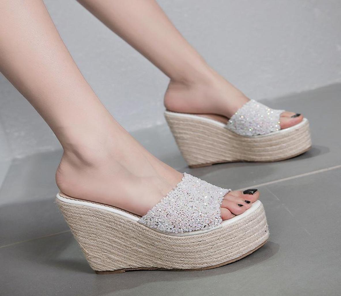 

Women Summer slippers wedge shoes womens mules with heels Flip Flops Wedges bling high heels for women flip flops pink shoes5829893
