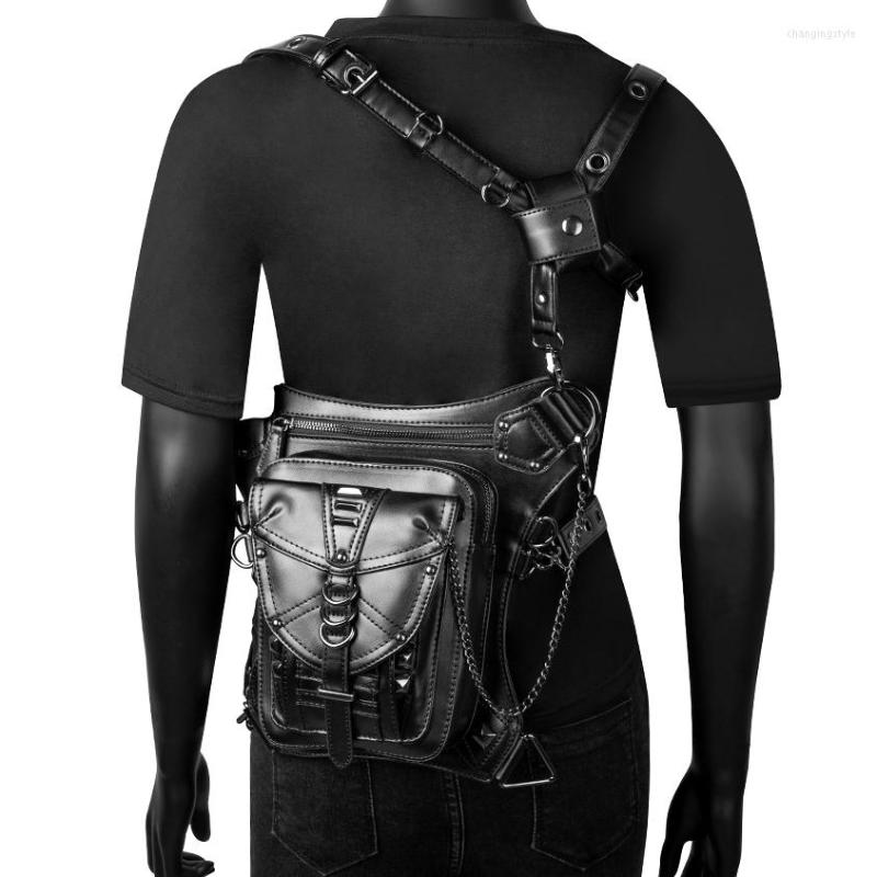 

Waist Bags Women Bag Gothic Fanny Packs Motorcycle Hip Leg Purse Steampunk Biker Shoulder Pack For Men PU Leather Crossbody, Black