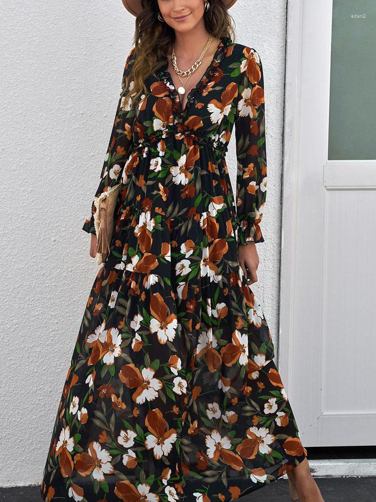 

Casual Dresses Women's Dress 2023 Tulle Long-Sleeved Loose Floral Print Chiffon Long, Red