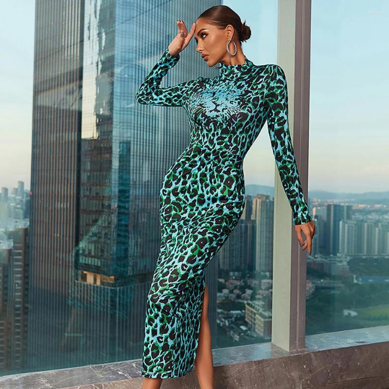 

Casual Dresses Tiger Leopard Printed Maxi Dress Celebrity Birthday Girl Long Sleeve Tight Slim Split Bodycon, Navy blue