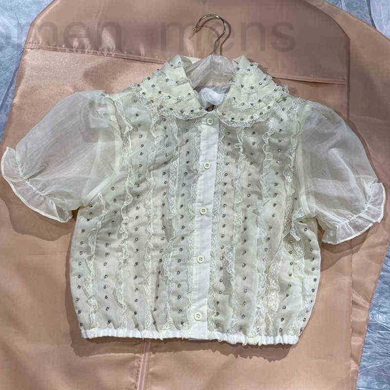 

Women' T-Shirt designer ay collar e slve ded Organza splicing la age reducing atile othes suer new style 4G1S, Rice apricot color