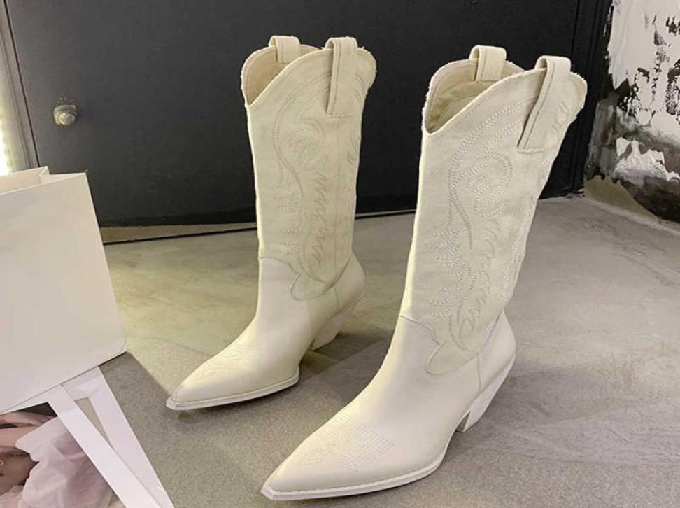 

Fashion Canvas Women Knee High Boots High Heel Western Cowboy Boots Embroider Pointed Shoes Female Winter Motorcycle Boots 2109077903050, White