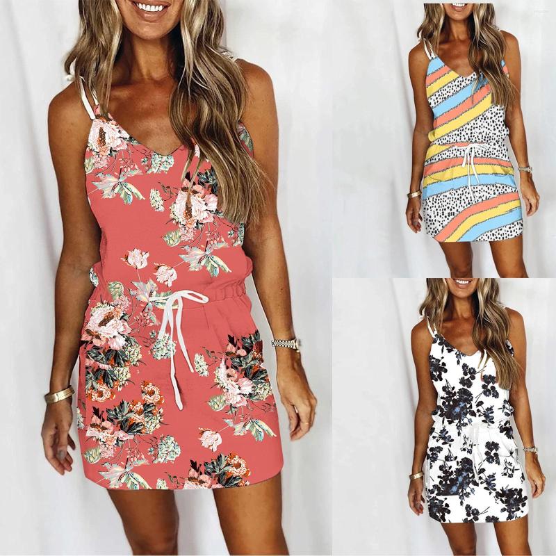 

Casual Dresses Women' Fashion V Neck Sleeveless Strap Open Back Sexy Print Dress, White