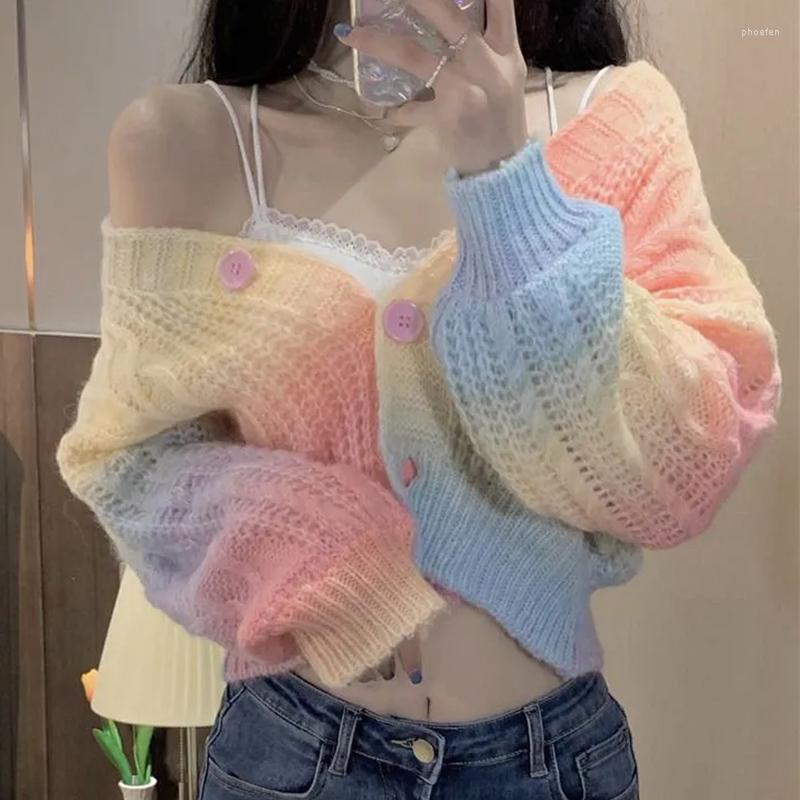 

Women's Knits HOUZHOU Korean Style Gradient Sweater Cardigan Women Autumn Casual Chic V-neck Long Sleeve Cropped Knitted Cute Tops, Pink