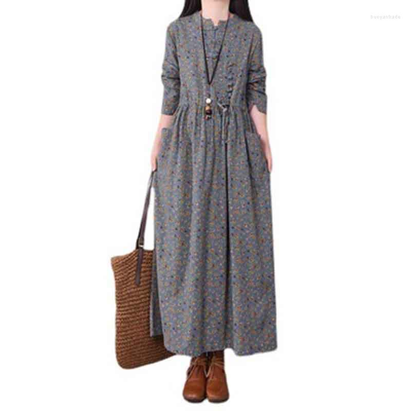 

Casual Dresses Female 2023 Autumn Style Retro Disc Button Small Floral Women Dress Long-Sleeved Cotton Linen Women's NBH296, Blue
