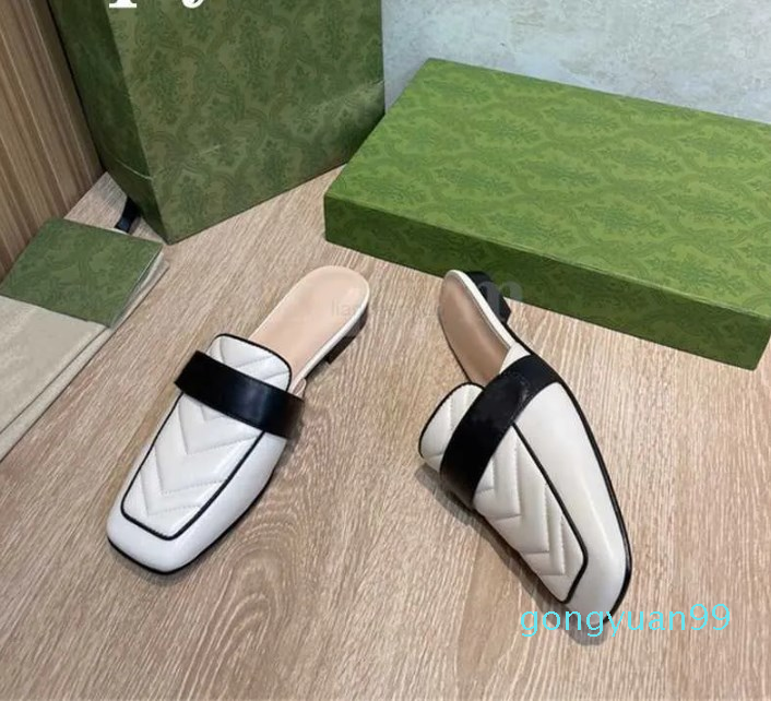 

Slippers Outdoor Women Shoes Summer Genuine Leather Flat Slippers Sewing Low Heels Mules Design Shoe Mixed Colors Square Toe Slides, Beige