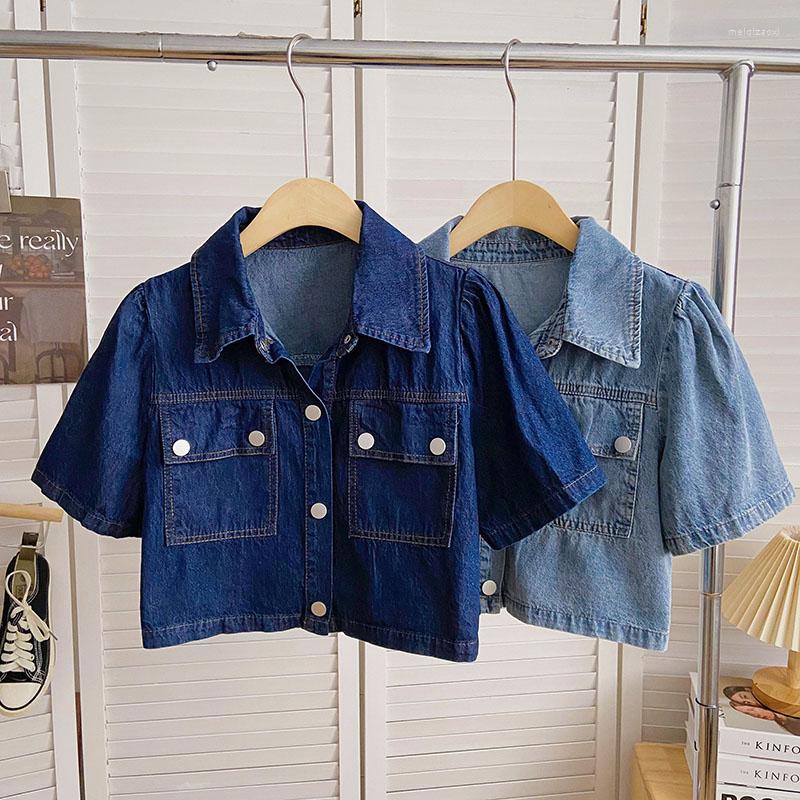 

Women's Jackets Korean Fashion Vintage Denim For Women Summer Single Breasted Short Sleeve Turn-down Collar Femme Coats Chic Crop Jacket, Dark blue