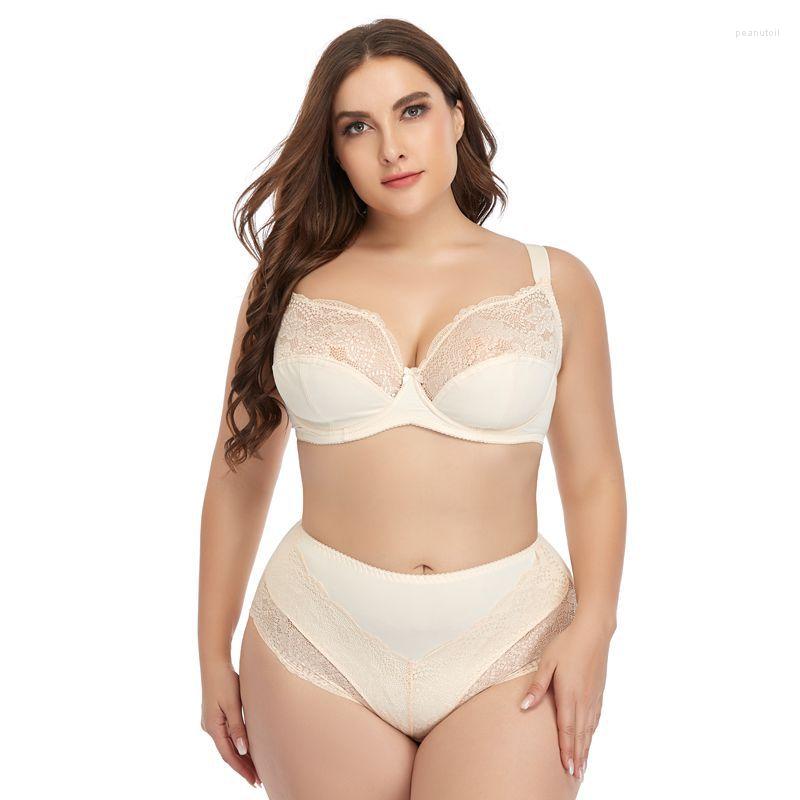 

Bras Sets Women Bra Brief Set E Cup Push Up Sexy Brassiere 6XL 7XL Pants Good Quality Female Underwear Lace White Flesh Lingerie, Beige