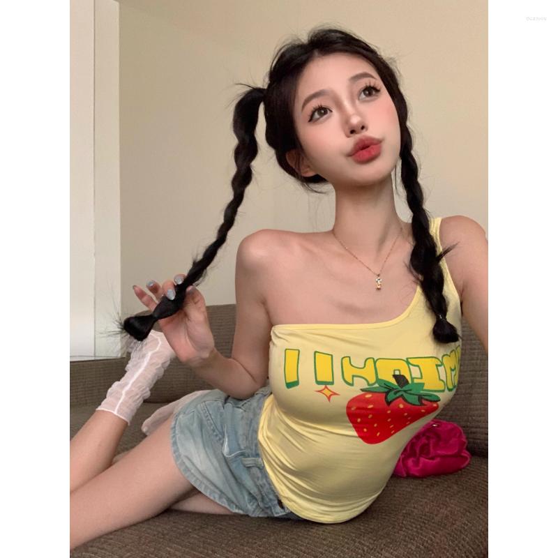 

Women's Tanks Strawberry Print Hollow One Shoulder Tank Vest Crop Top Women Y2k Cropped Summer 2023 Cute Kawaii Aesthetic Korean Fashion, Light yellow