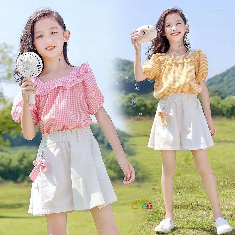 

Clothing Sets Girls Summer Fashion Children School Short Sleeve Plaid T-shirts Pants 2PCS Kids Clothes 6 8 10 12 14 Year