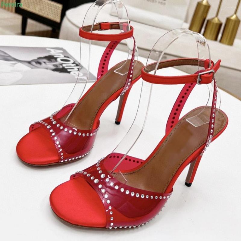

Sandals Red Rhinestones Buckle Summer Women's Arrival Solid Thin High Heel Round Toe Fashion Transparent Sexy Dress Shoes