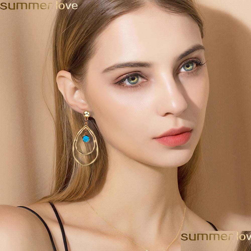 

Dangle Chandelier Fashion Blue Crystal Hollow Earrings For Women Irregar Geometry Gold Plated Wave Shape Rhinestone Earring Jewelr Dhrxu