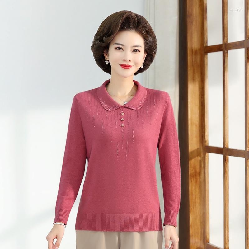 

Women's Sweaters Middle-aged And Elderly Women's Lapel Neck Knitted Sweater Pullover Spring Autumn Fashion Bottoming Shirt Jumpe, Green