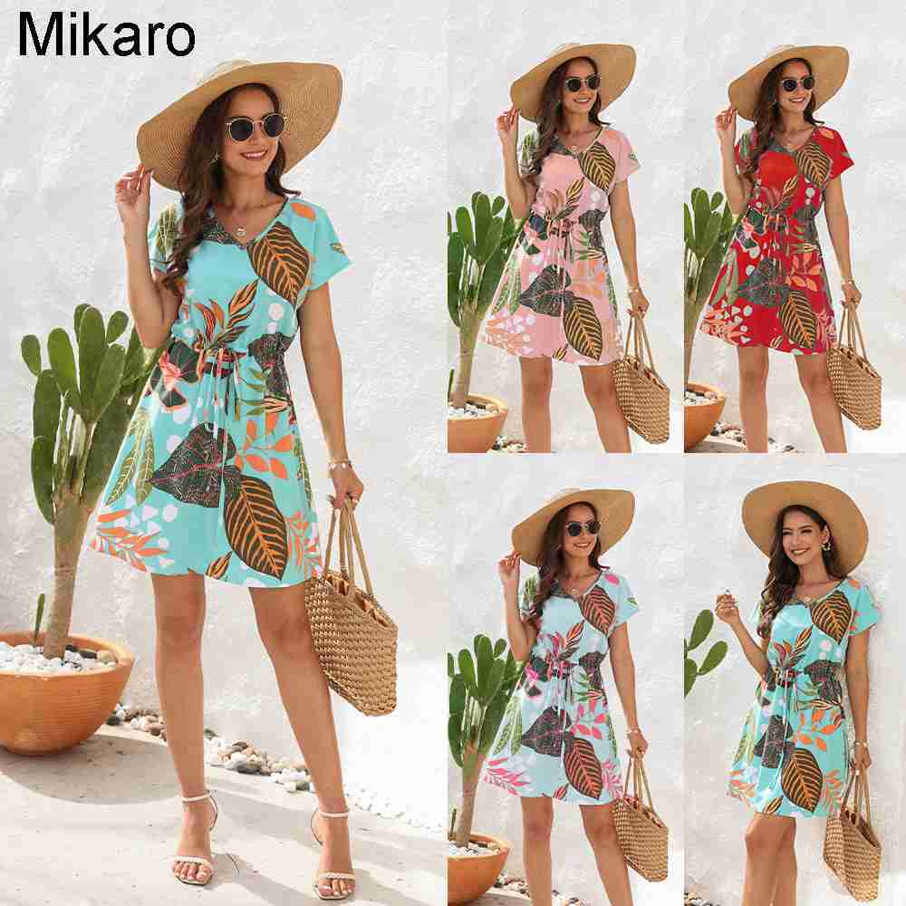 

2023 spring and summer new flower print drawstring dress v-neck short sleeve holiday casual loose dress, Blue