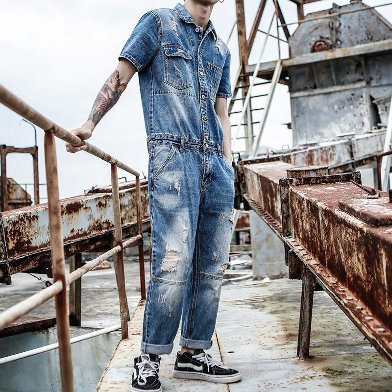 

Men's Jeans Jumpsuit Korean Version Of Slim Denim Clothing Hole Suit Short-sleeved Overalls Size M-XXLMen's, Blue