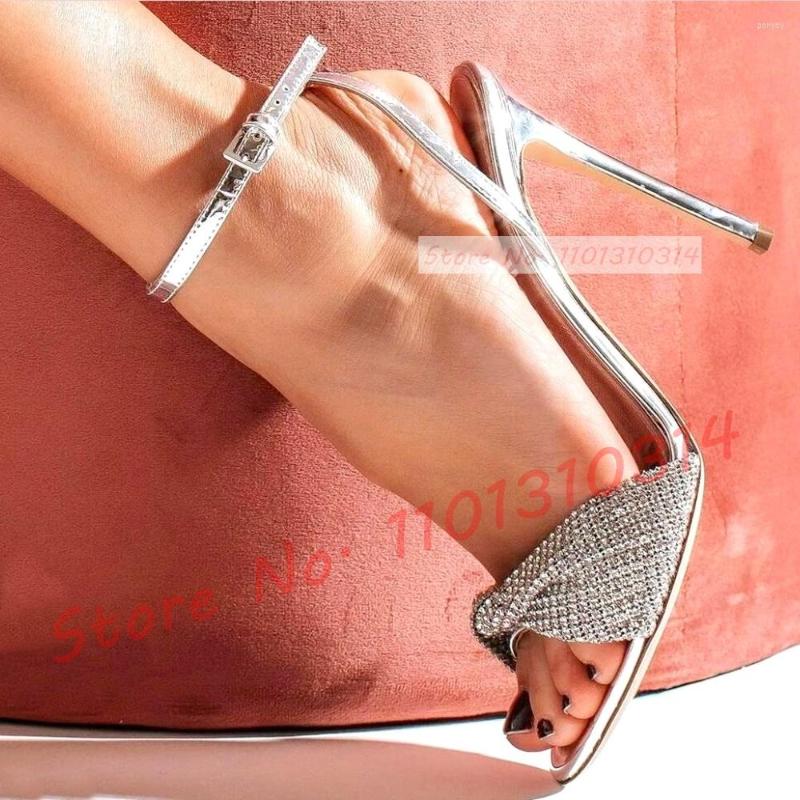 

Sandals Mirrored Silver Rhinestones Women Luxury Ankle Strap Casual High Heels Shoes Female Summer Shiny Leather Evening, 8cm