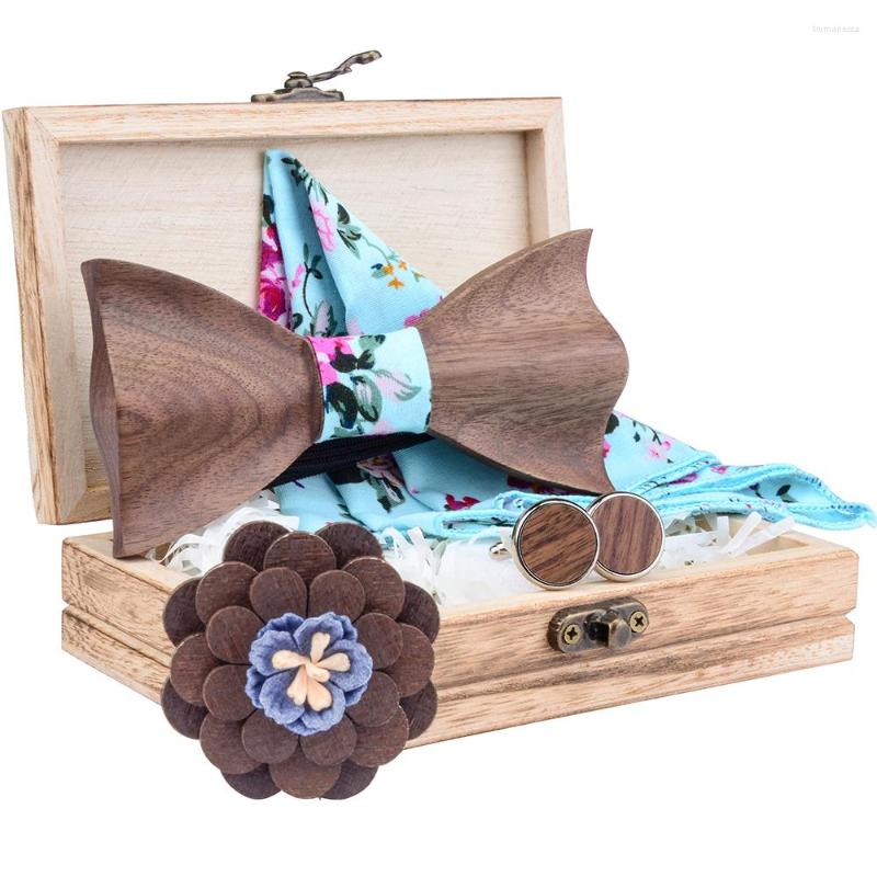 

Bow Ties Ricnais Natrue 3D Wooden Tie Fashion Cutton Pocket Square Wood Cuff And Brooch Set For Mens Marry Gift Bowtie With Box
