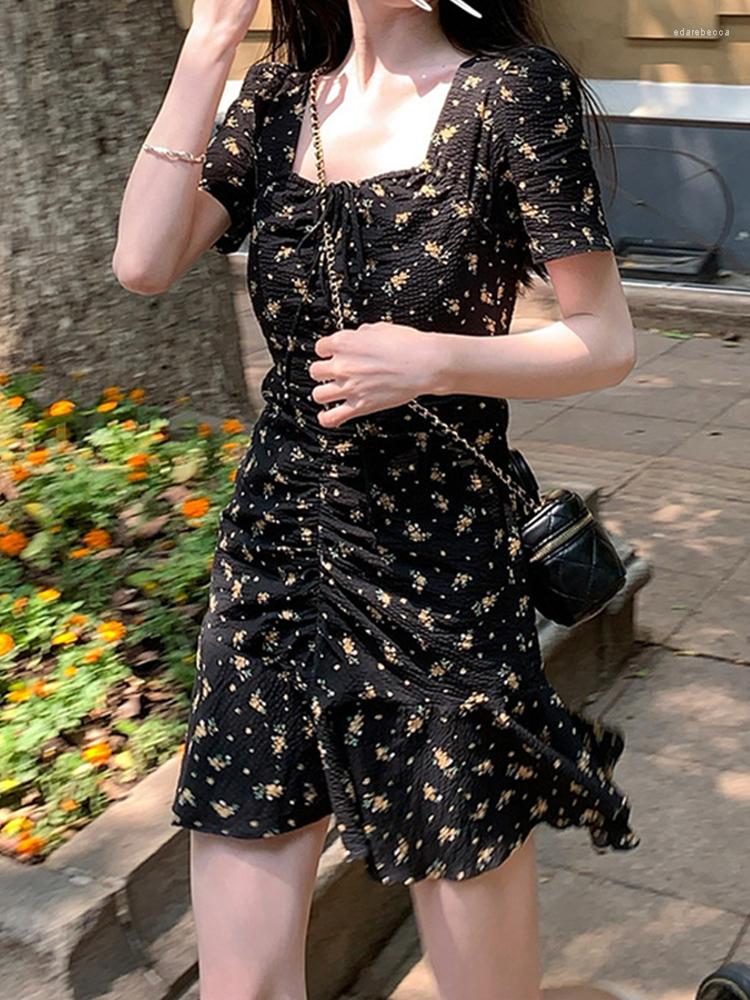 

Party Dresses 2023 Korean Style Floral Mini Dress Women Summer Slim Bubble Sleeve Short Female Elegant Vintage Sweet Causal A-line, Black