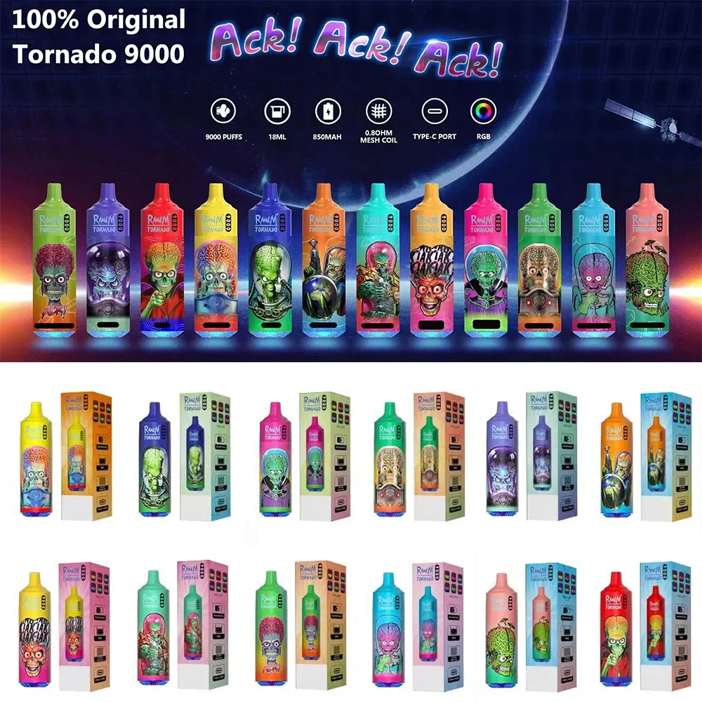 

RandM Tornado 9000 Puffs Disposable E Cigarettes 18ml Pod 850mah Battery Rechargeable 0% 2% 3% 5% Puff 9000 38 Colors Mesh Coil Authentic
