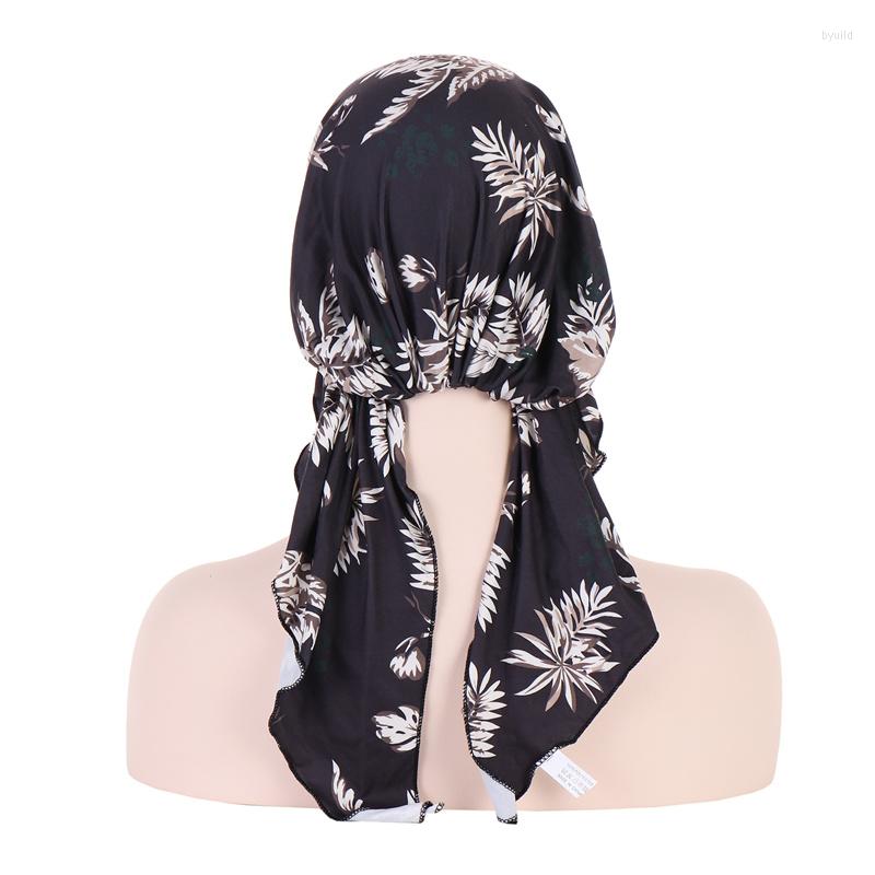 

Berets Ramadan Soft Modal Jersey Turban Hats Islamic Ready To Wear Caps Floral Print Underscarf Tie Bonnet Hijab Snood Muslim Headcover