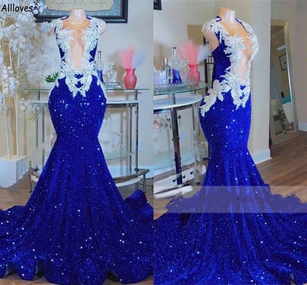 

Plus Size Roayl Blue Sequined Prom Dresses South African Nigerian Long Mermaid Evening Party Gowns Lace Appliqued Slim Fitted Second Reception Formal Wear CL2294, Gold