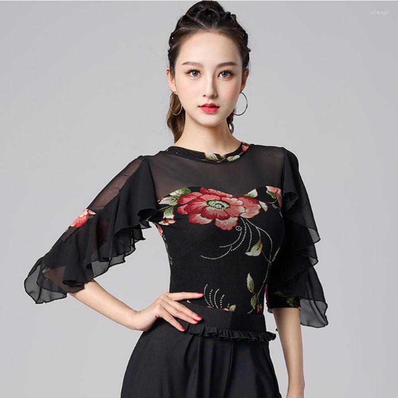 

Stage Wear Lotus Sleeve Floral Design Bodysuit Female Latin Dance Dress Women Dancing Performance Ballroom Belly NY66 AS5181, Green