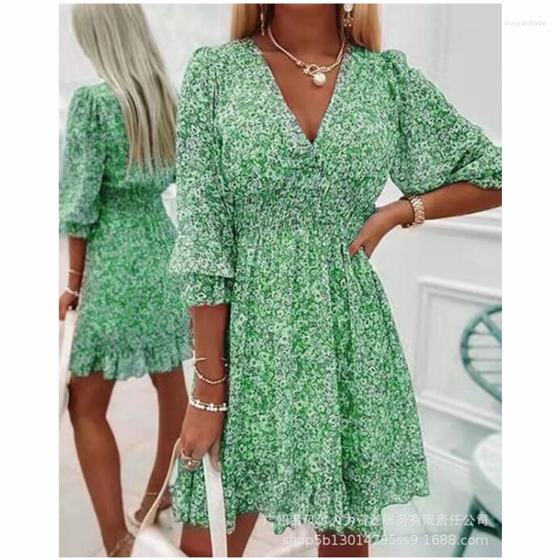 

Casual Dresses Women Summer Bohemian Dress Floral Print Short Puff Sleeve High Waist Corset Ruffle Hem Shirred Boho Vacation, Blue