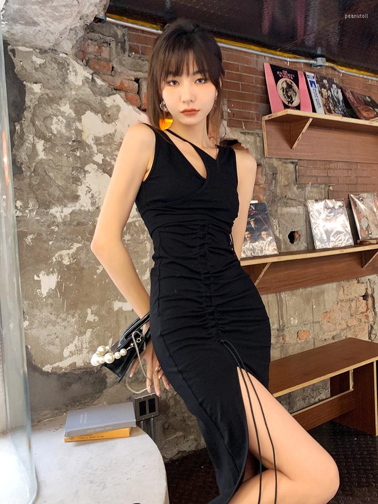 

Casual Dresses Korean Style Women Summer Sexy Bodycon Black Dress Sleeveless Halter Drawstring Deep Slit Spring Midi Elegant