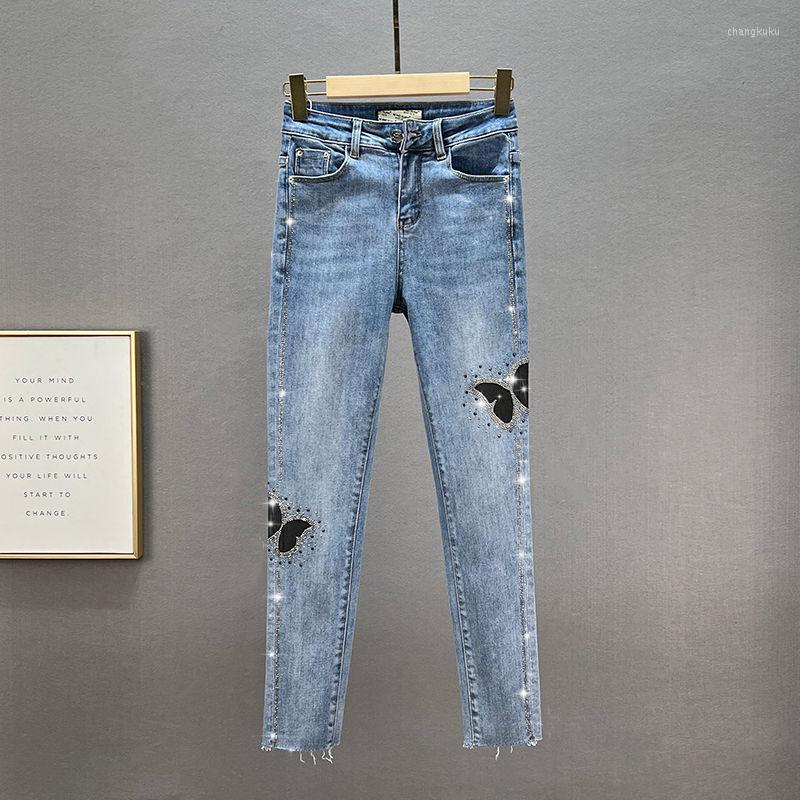 

Women' Jeans Spring Women Stretch High Waist Classic Retro Jean Lady Clothes Embroidered Flares Denim Skinny Pants Pencil Trousers, Blue