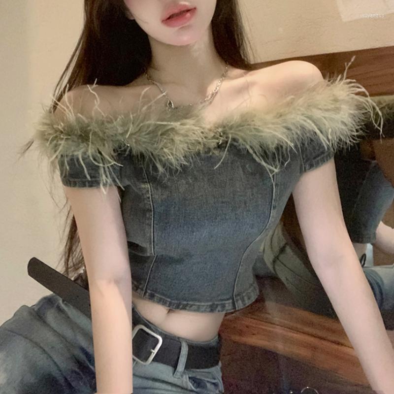 

Women' T Shirts 2023 Summer For Women Crop Tops Vintage Korean Retro High Street Plush Patchwork Denim T-Shirt Streetwear Tee Shirt