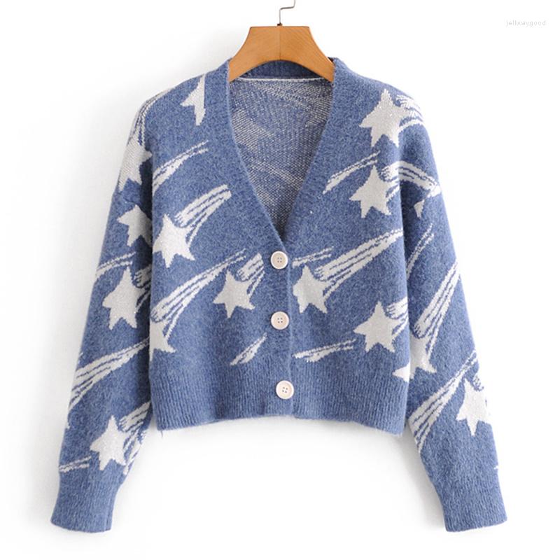 

Women's Knits Spring Autumn Women's Sweater Cardigan 2023 Stars Print Knitted Female Jacket V Neck Loose Knitwear Winter, Purple