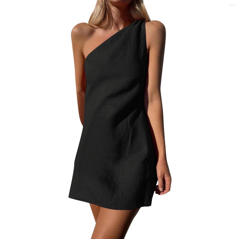 

Casual Dresses Sundress Party Sexy Women' Linen Skew Collar Solid Color One Shoulder Slim Vintage Beach Mini Dress Summer 4, Bu