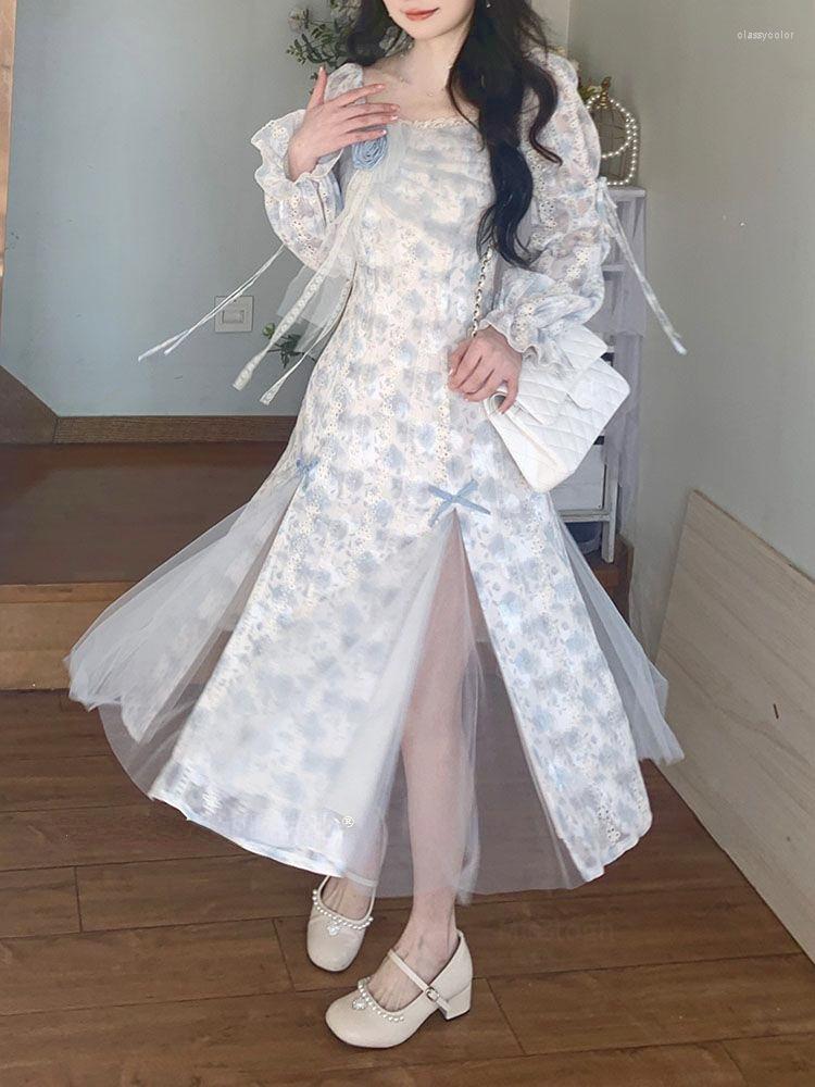 

Casual Dresses Lace Floral Midi Dress Women Square Collar Sweet Fairy Split Female Korean Fashion Designer Kawaii Party 2023, Blue