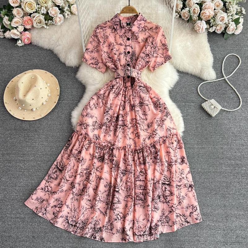 

Party Dresses Short Sleeved Lapel With Waistband For Slimming A-line Printed Shirt Dress Elegant Large Swing Long Female Robe, Pink