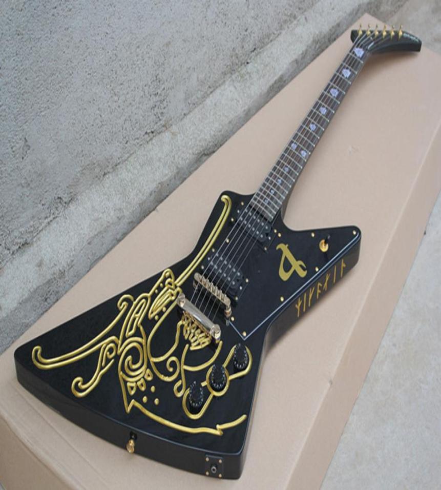 

Explorer Shaped Goose shape electric guitar classic black body gold powder engraved pattern4729769