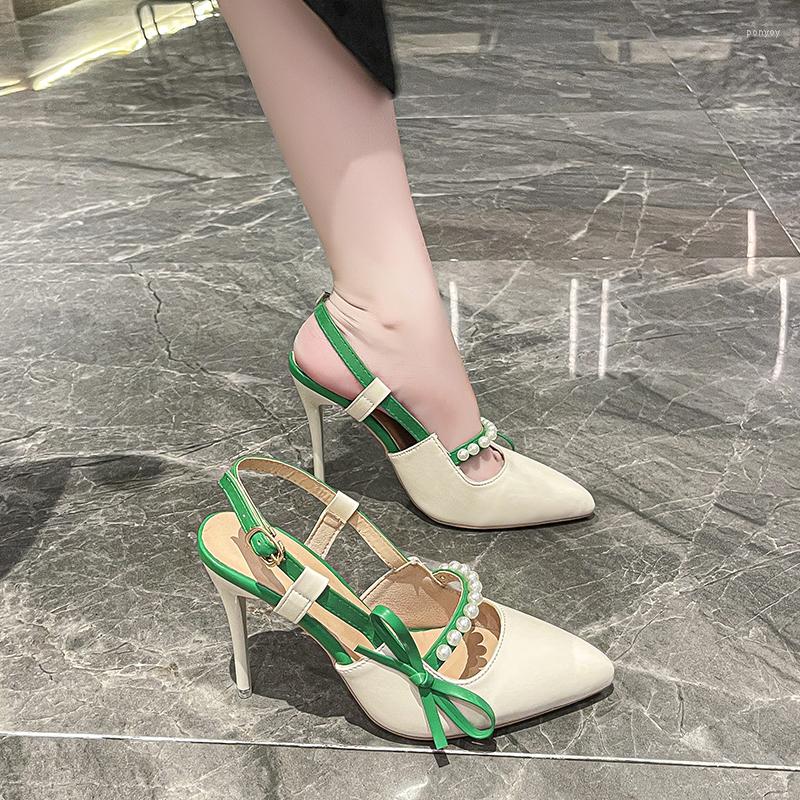 

Sandals Shoes For Women Buckle Strap Closed Toe Women's Sting Bead Thin Heels Female High Pointed Heeled, Brown