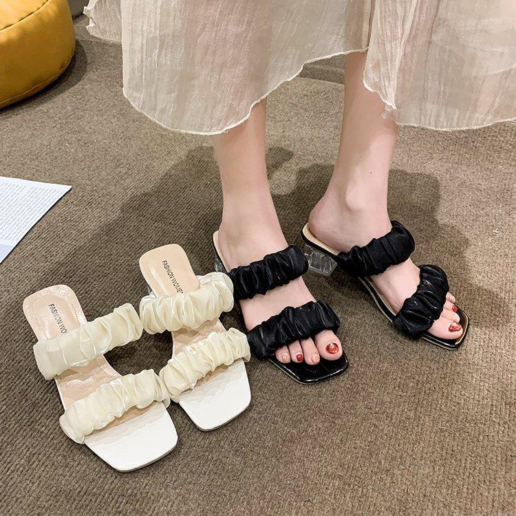 

Slippers Women Summer Shoes Slides Square Heel Heeled Mules Low Pantofle Block High Transparent Soft 2023 Rubber PU Fabric Rome