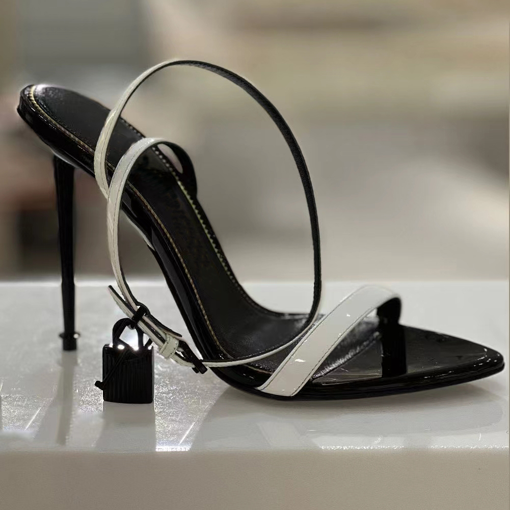 

Metal heel sandals for Womens stiletto heel shoe Luxury Designer Golden Lock decorate Ladies dress shoes Top Quality Genuine Leather 11CM high heeled sandal withbox, 9#