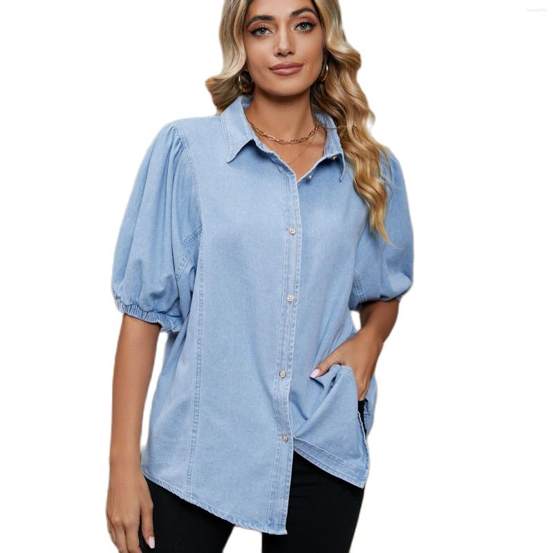 

Women' Blouses 2023 Summer Women Elastic Short Princess Sleeve Denim Shirt Fashion Loose Mid Length Jeans Coat Casual Female Tops -XL, Blue