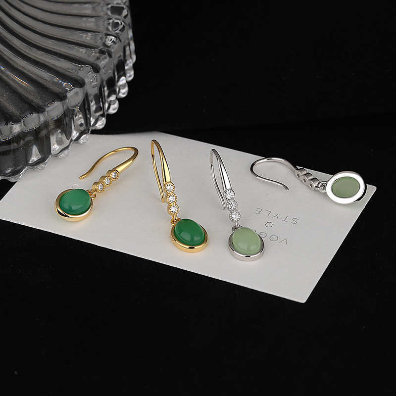 

Silver Style Micro Inlaid Earrings Personalized Japanese and Korean Fashion Style Green Dongling Ear Studs Ear Buckle Female