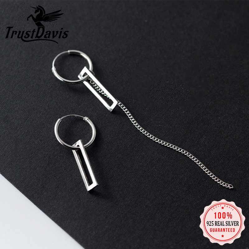

Trustdavis Authentic 925 Sterling Silver Gothic Asymmetric Chain Hoop Earrings For Women Girl Sterling-silver-jewelry DA754