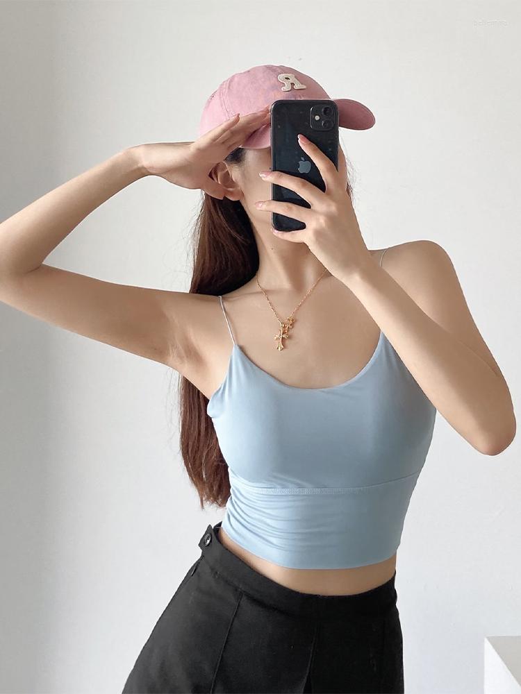 

Women's Tanks DUOPERI Women Fashion Solid With Chest Cushion Cropped Camisole Vintage Thin Straps O-Neck Sleeveless Female Chic Lady Tops, Black